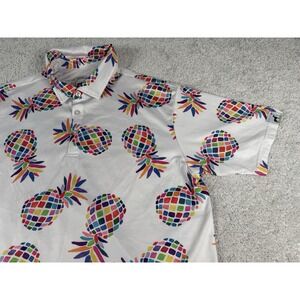 Proud 90 Polo Shirt Mens M White‎ Pineapple Fun Party Golf Lightweight Stretch